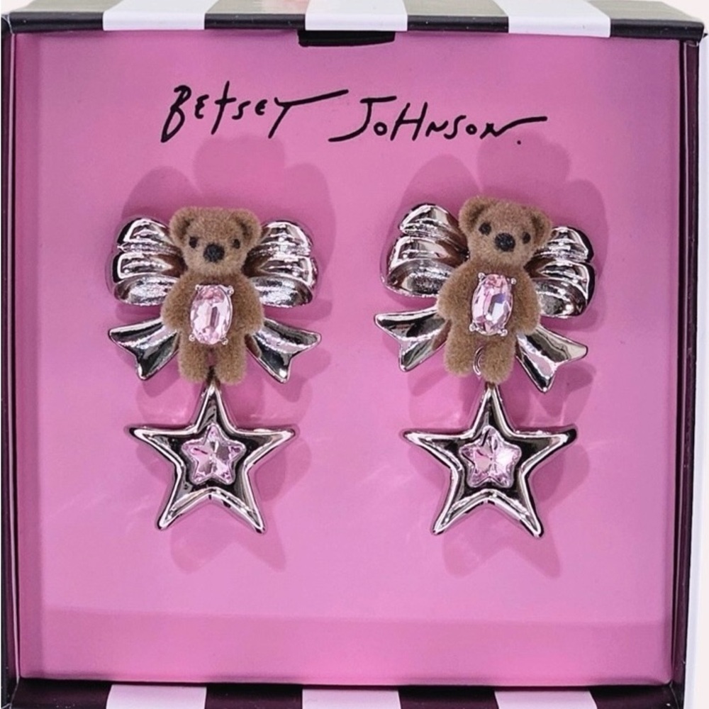 BETSEY JOHNSON Felted Teddy Bear Bow & Star Coquettish Girly Dangle Earrings NWT